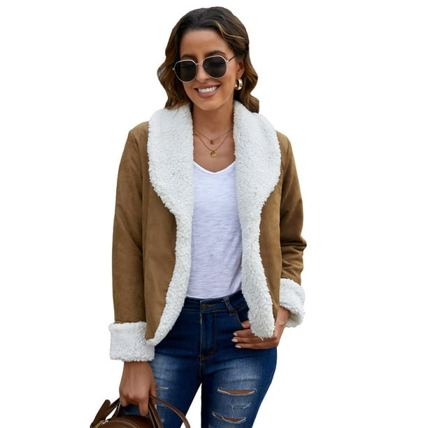Taopleker Women Fleece Open Front Coat Lapel Neck Button Down Outwear Coat Taopleker Women Fleece Open Front Coat Lapel Neck Button Down Outwear Coat